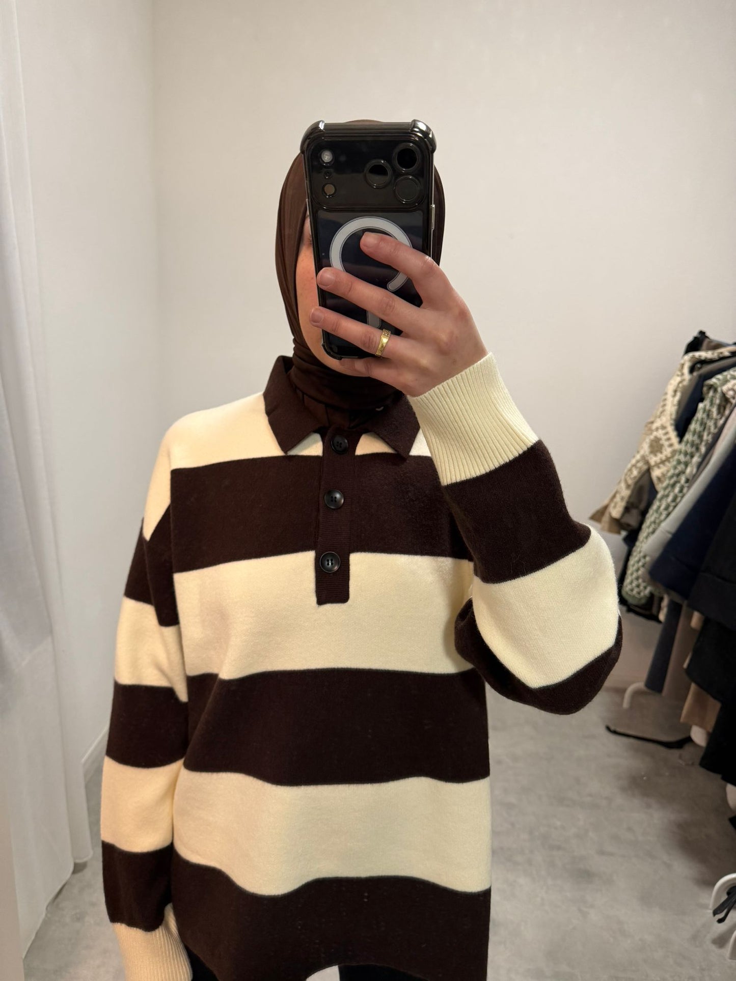 Bruin Crème Gestreepte Polo Trui