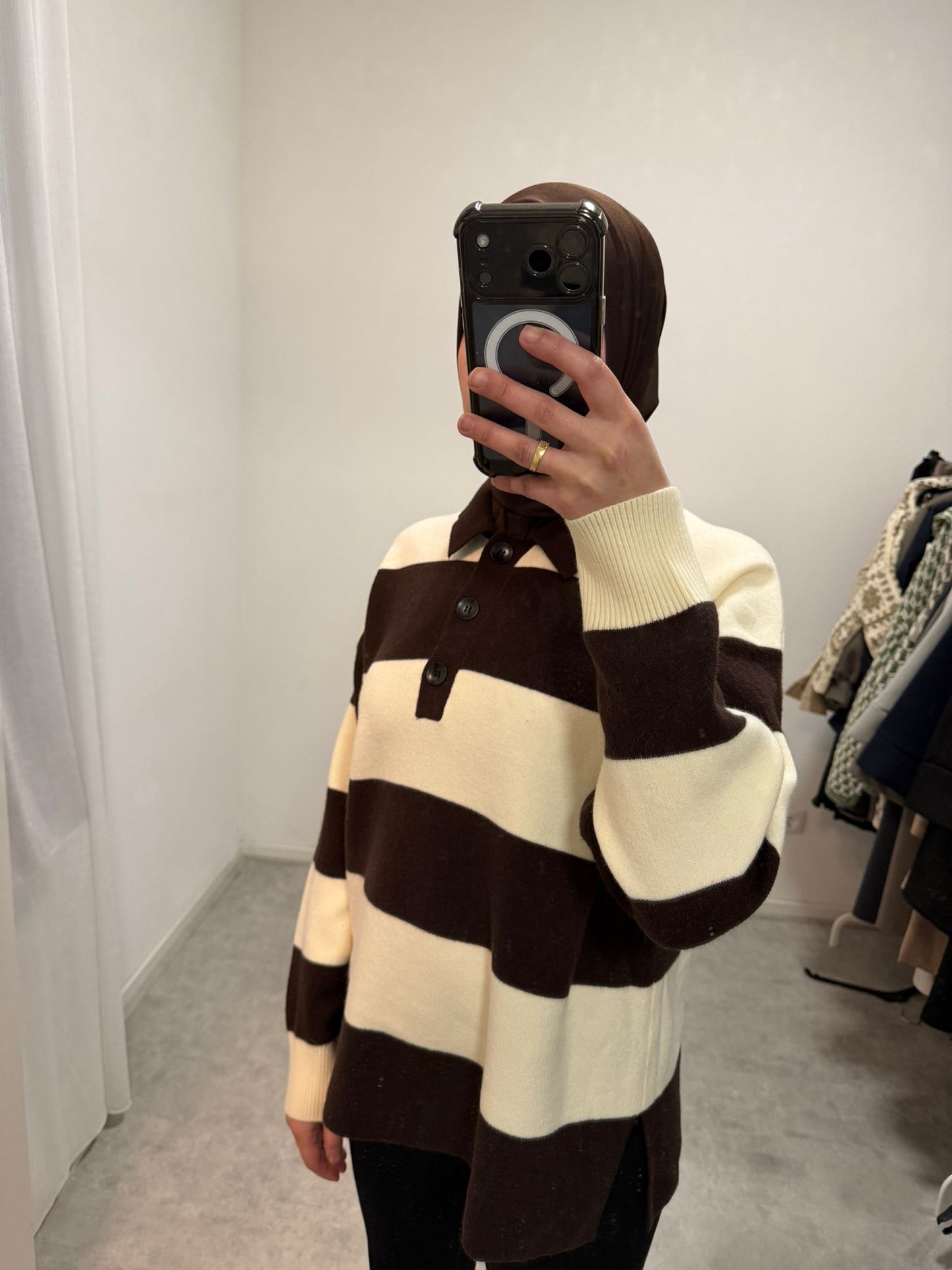 Bruin Crème Gestreepte Polo Trui