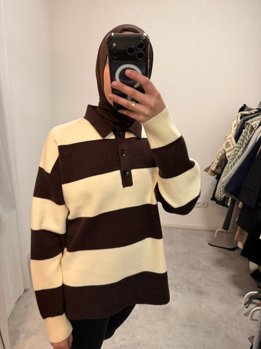 Bruin Crème Gestreepte Polo Trui